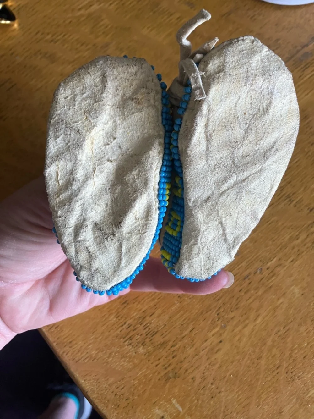 Baby Bootie Beaded Moccasins in Blue and Yellow - Soft Buckskin
